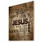 Designart - Jesus' word cloud in grunge background - Religious Contemporary Print on Natural Pine Wood